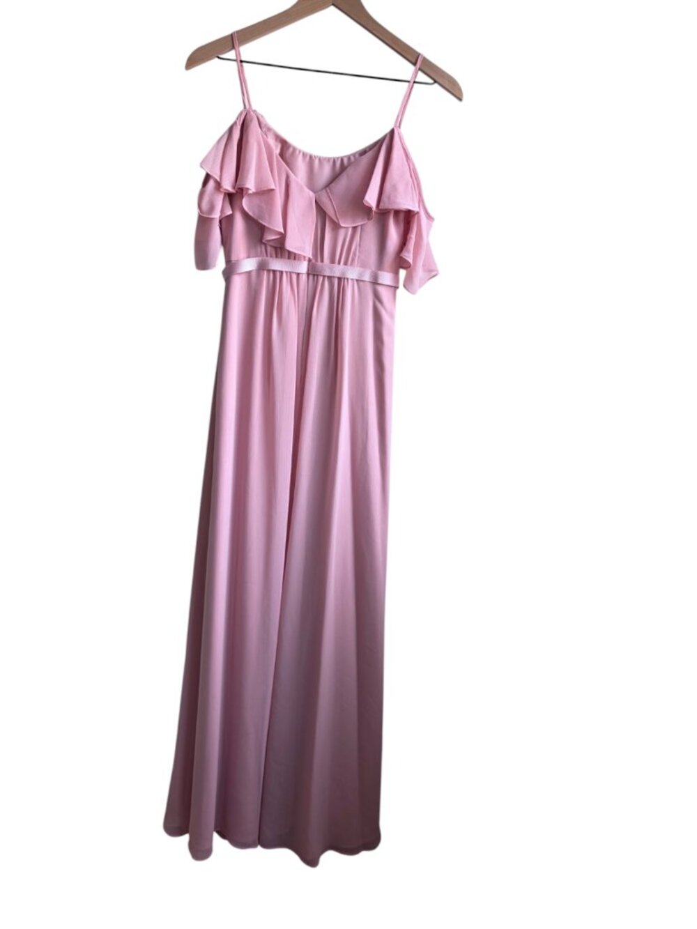 David's Bridal Cold Shoulder Flutter Sleeve Chiffon Long Bridesmaid Dress Pink 0 - Picture 7 of 9